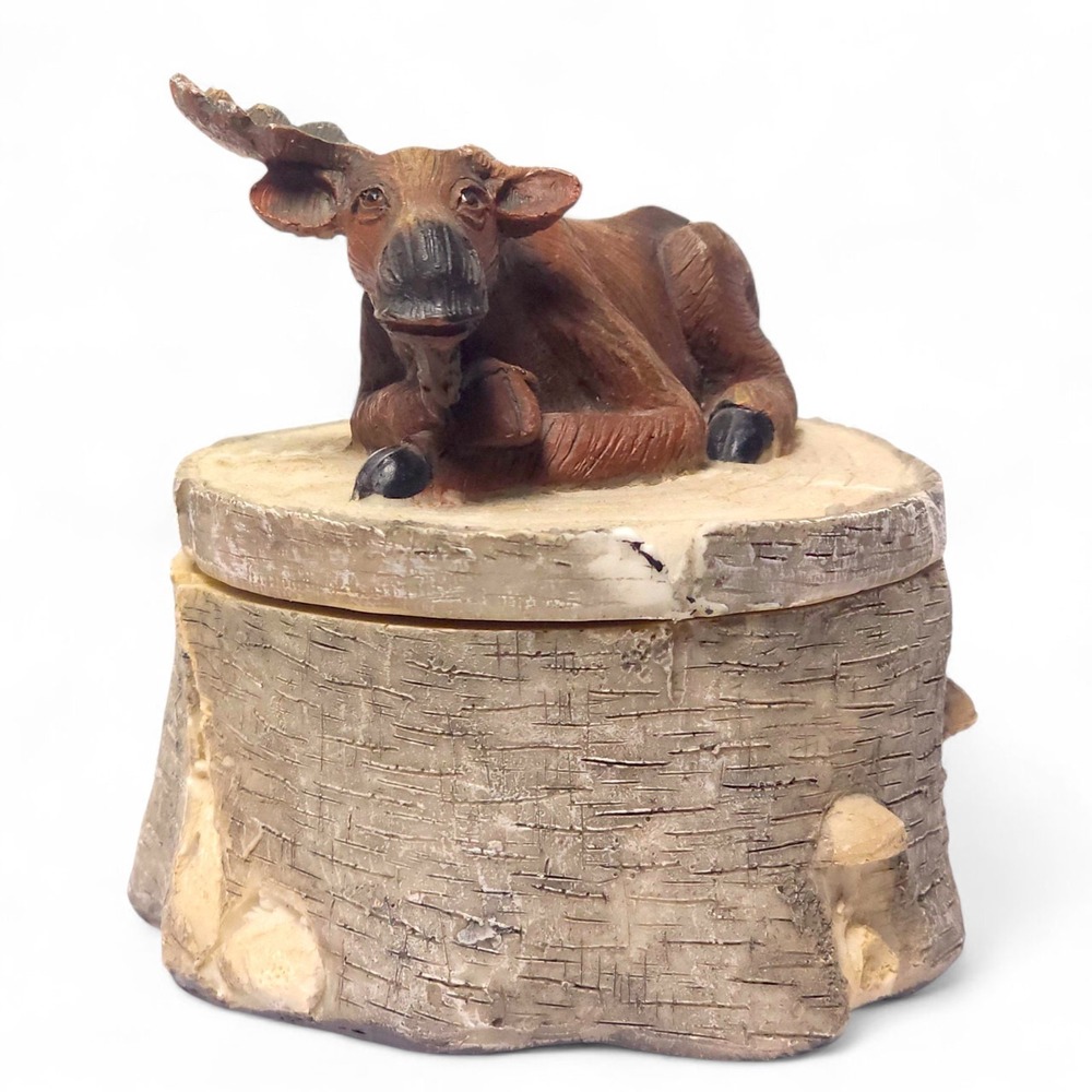 Rare Moose Figurine Trinket Box Log Stump Lodge Cabin Decor Resin Christmas